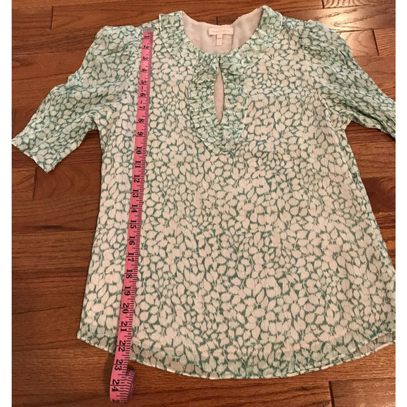 Rebecca Taylor Ikat Lurex Metallic Green/White Leaf Ruffle Blouse - Size 2 - Picture 9 of 12